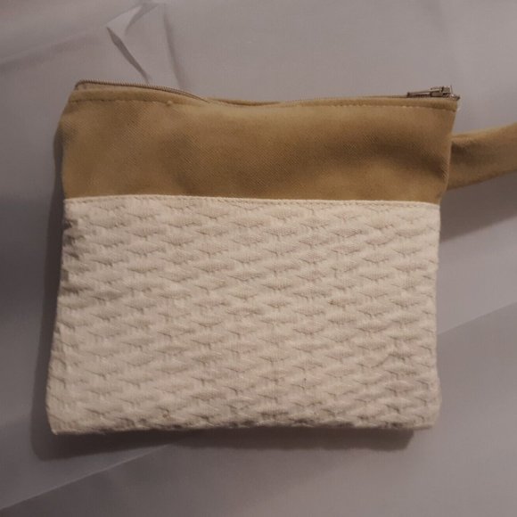 Clutch travel make-up bag Beige Velvet Ivory waffle Fabric Wristlet cosmetics - Picture 1 of 4